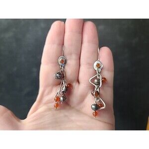 925 Sterling Silver Carnelian And Pearl Beaded Dangling Pierced Earrings Vintage